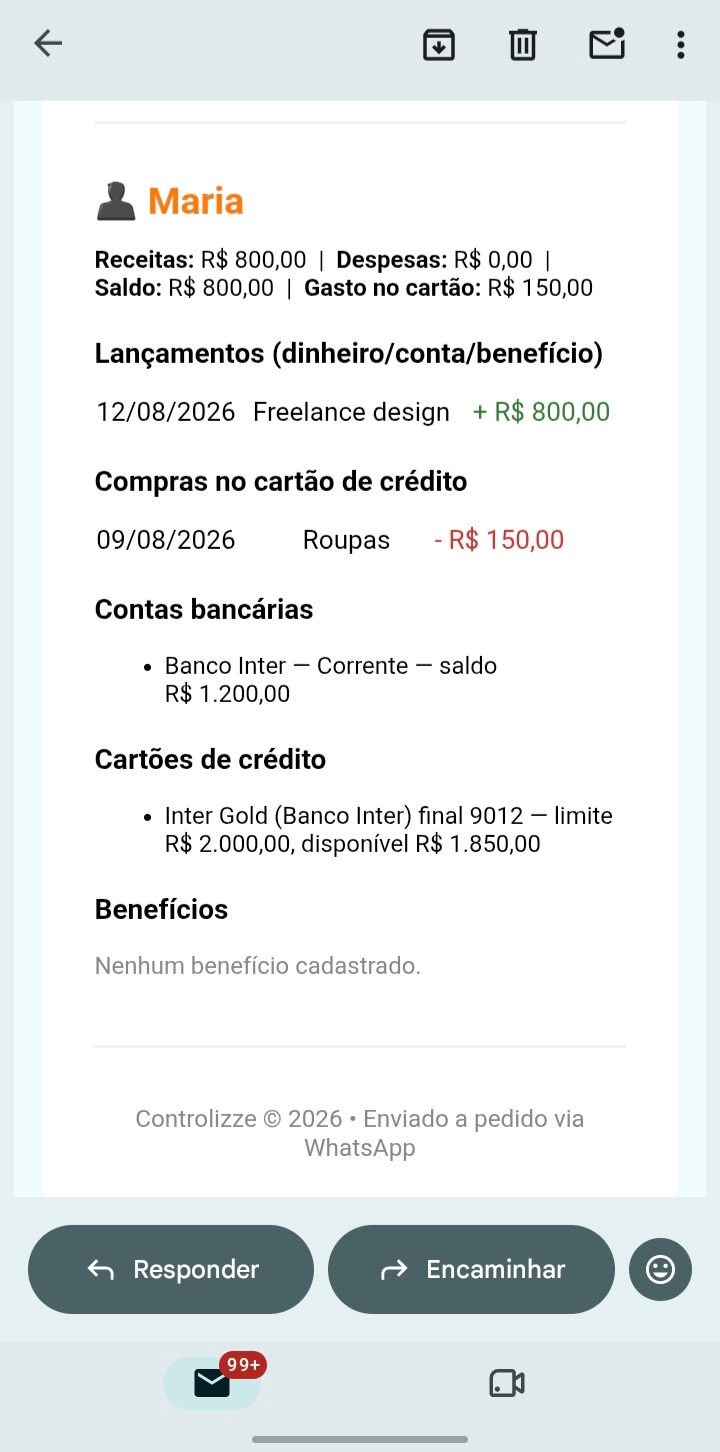 Relatório completo enviado por e-mail a pedido, com todos os lançamentos, contas bancárias e cartões de cada pessoa