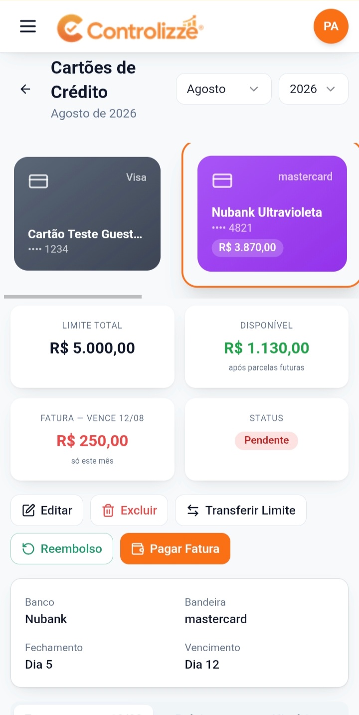 Controle de cartões de crédito no Controlizze