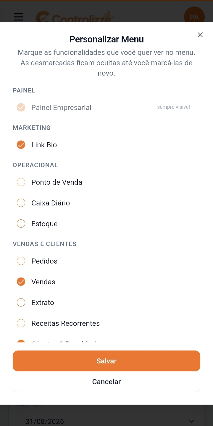 Tela de Personalizar Menu do Controlizze, onde o usuário marca quais funcionalidades quer ver, como Link Bio, Ponto de Venda, Caixa Diário, Estoque, Pedidos e Vendas