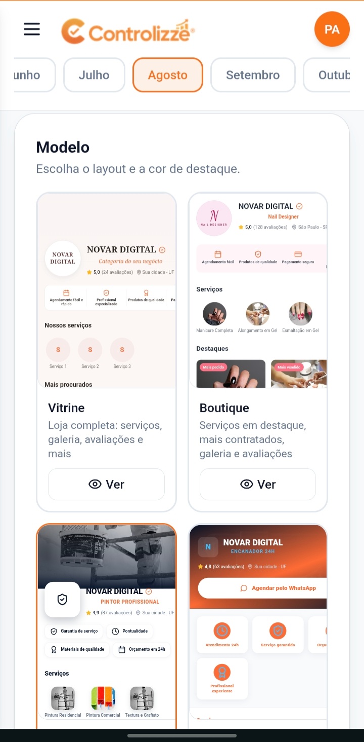 Página de link na bio do Controlizze para negócios, com modelos de layout como Vitrine e Boutique