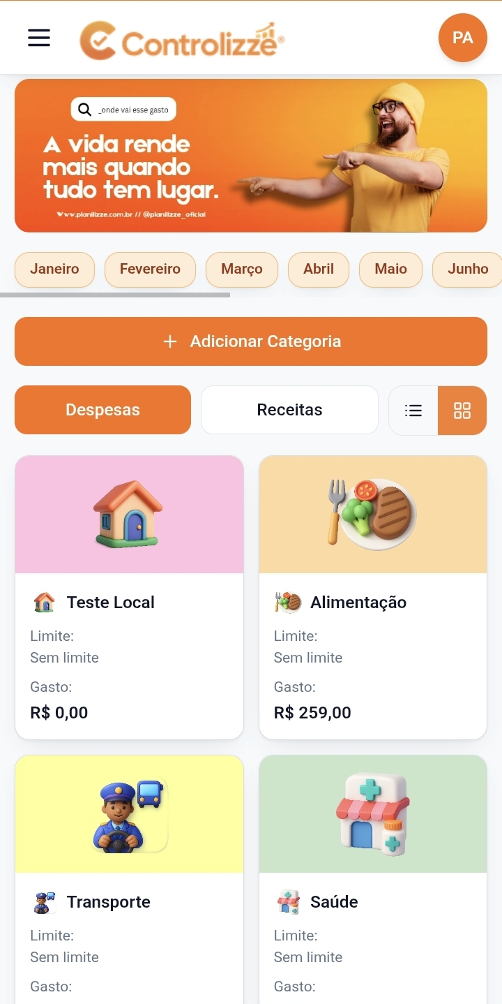Gastos organizados por categoria no Controlizze, com limite e total gasto em cada categoria