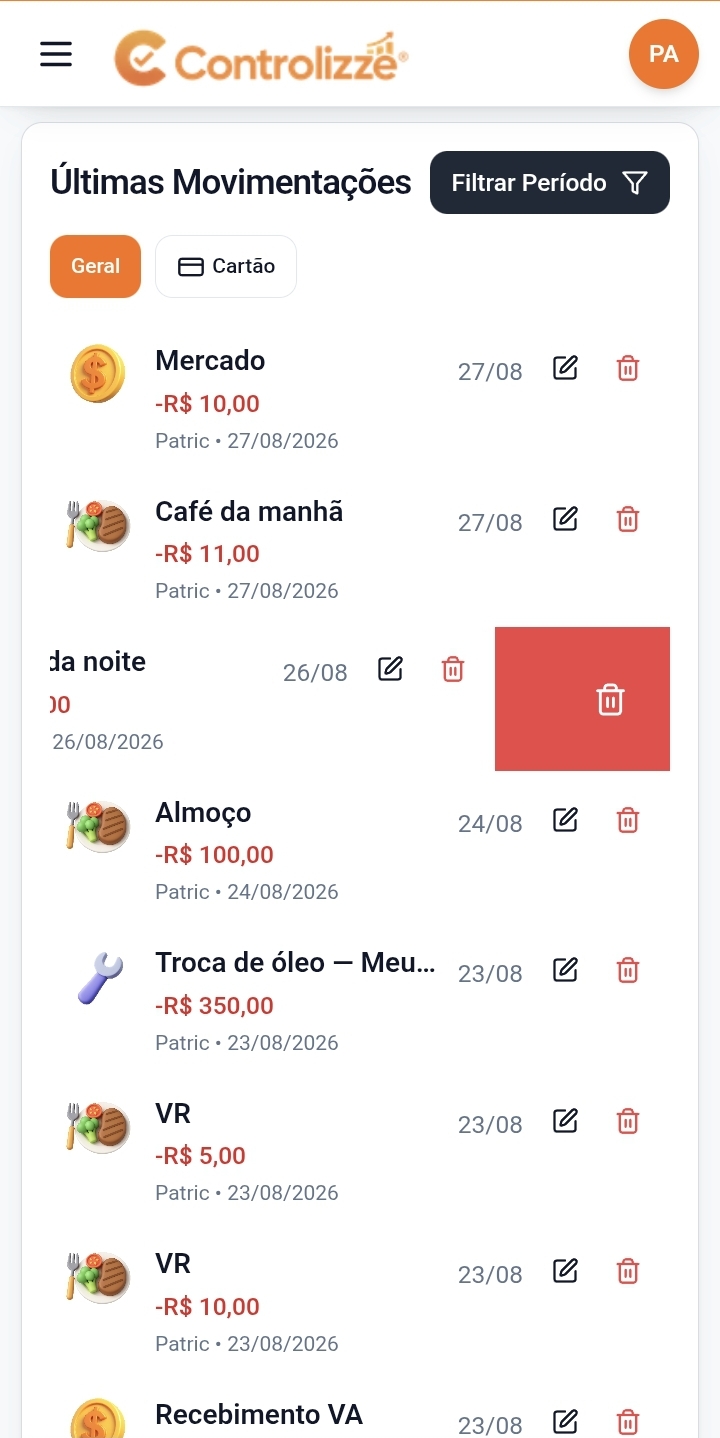 Últimas movimentações no Controlizze, com filtro por período e por cartão