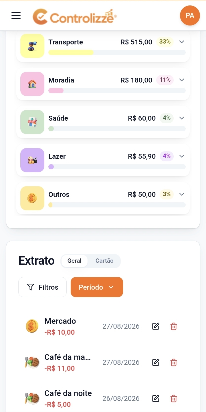Tela do Controlizze mostrando categorias de gastos e extrato detalhado