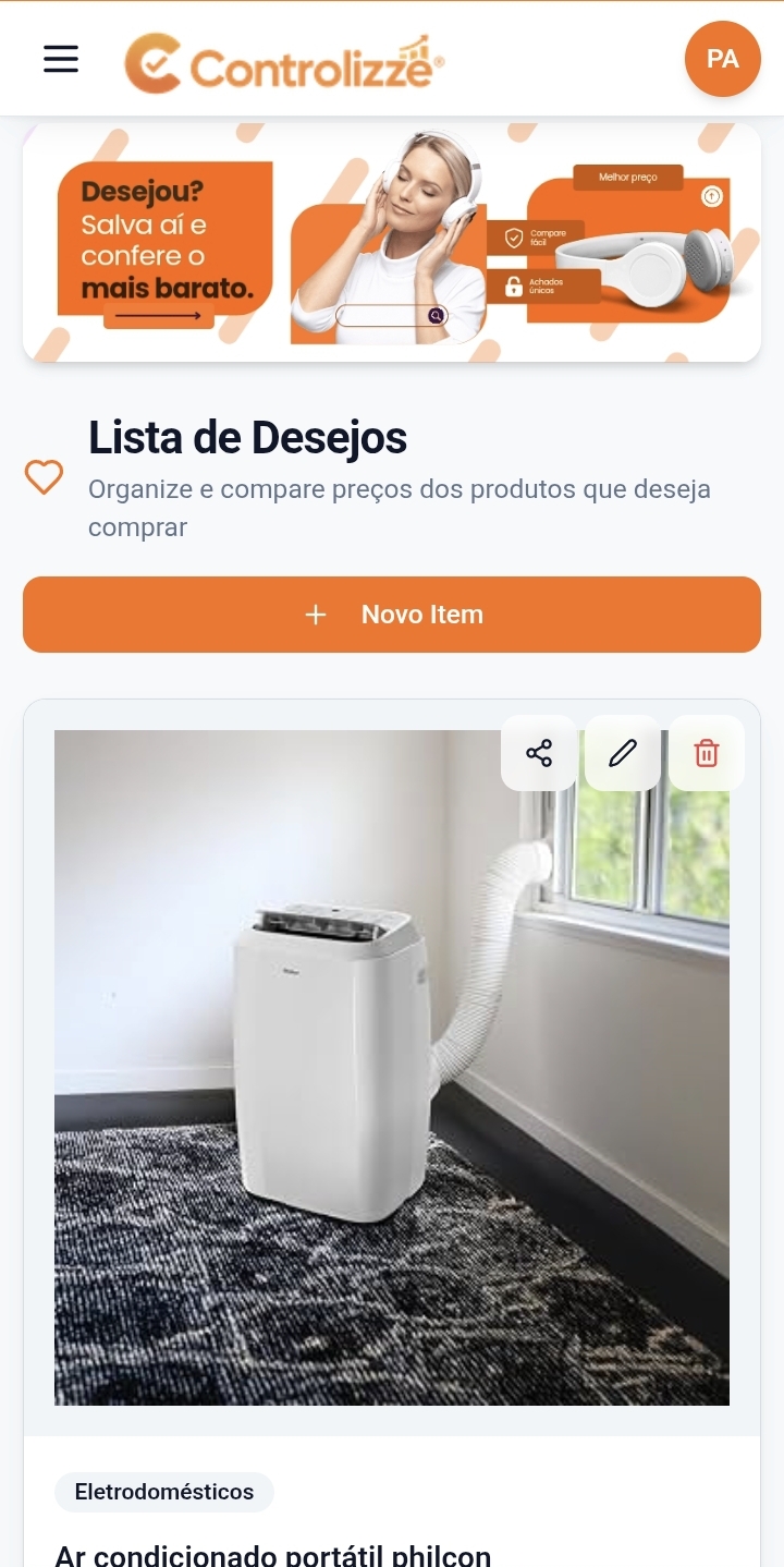 Lista de desejos no Controlizze com produto e comparação de preço
