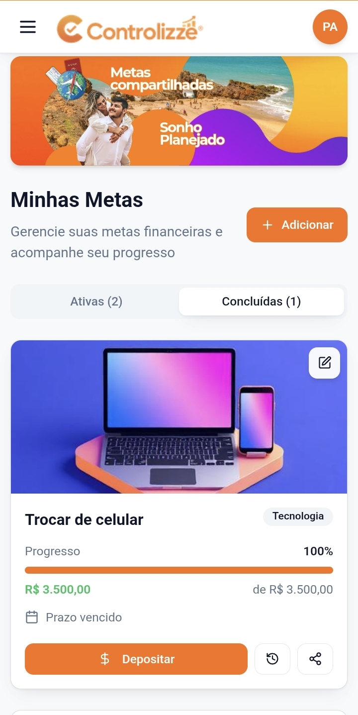 Metas compartilhadas no Controlizze, meta concluída de trocar de celular