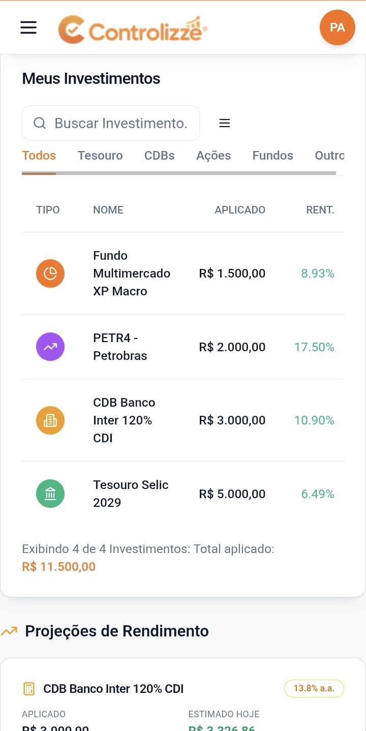 Lista de investimentos no Controlizze: fundos, ações, CDBs e Tesouro Direto