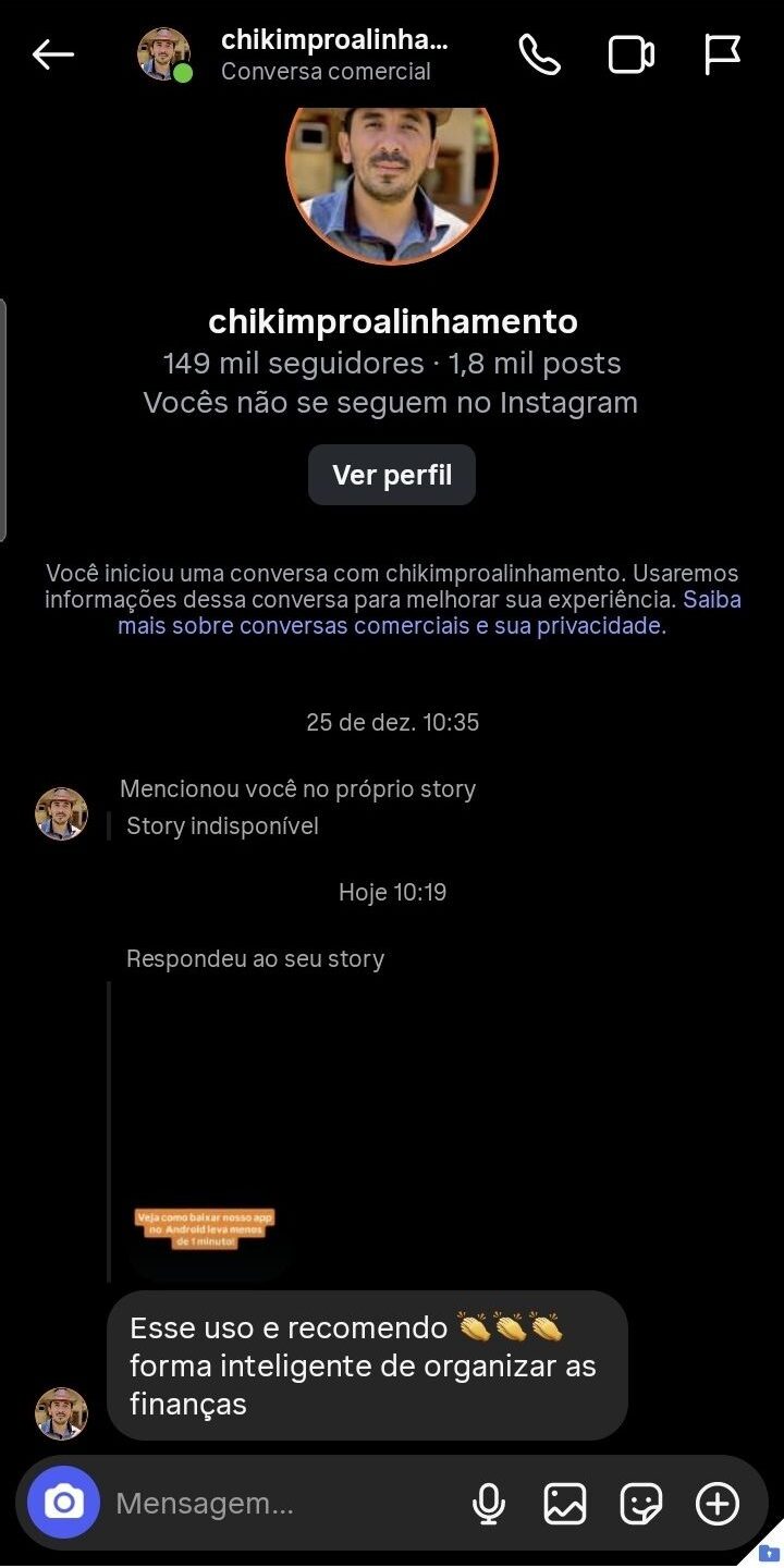Cliente recomendando o Controlizze pelo Instagram
