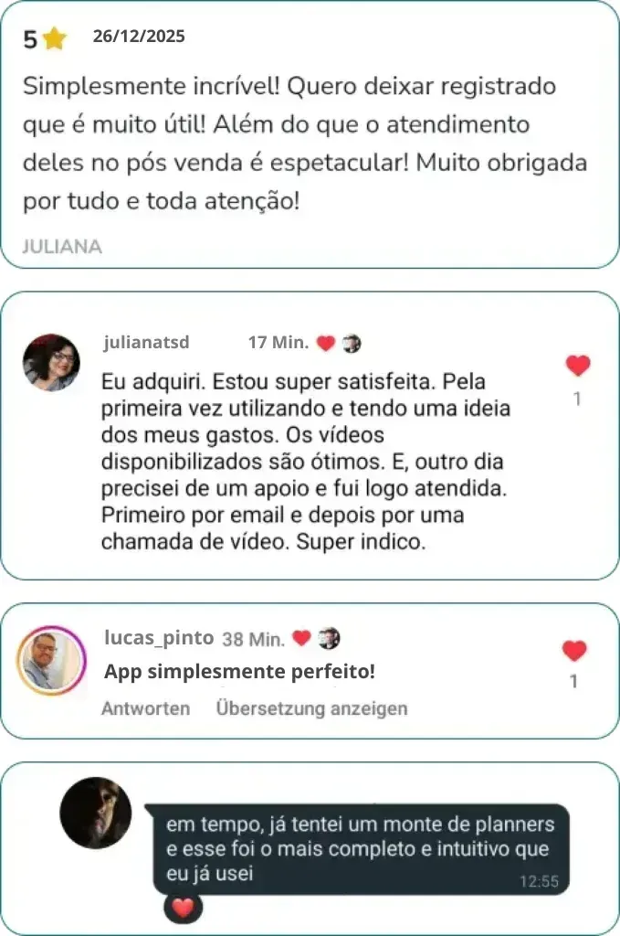 Depoimentos de clientes: Juliana, julianatsd e lucas_pinto elogiando o Controlizze