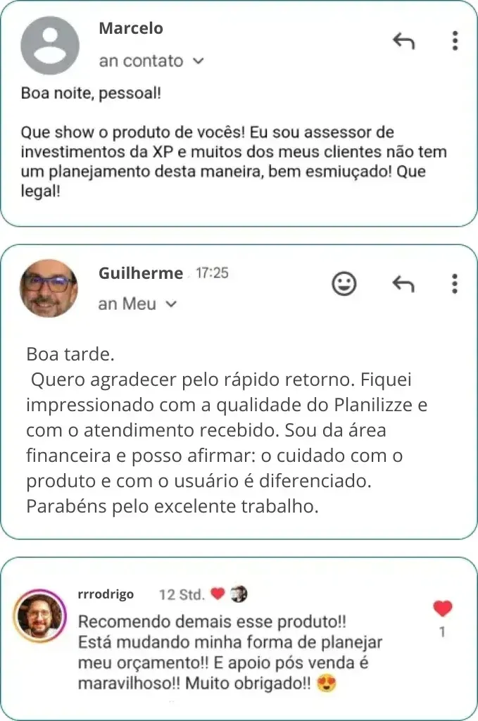 Depoimentos de clientes: Marcelo (assessor de investimentos da XP), Guilherme e rrrodrigo elogiando o Controlizze