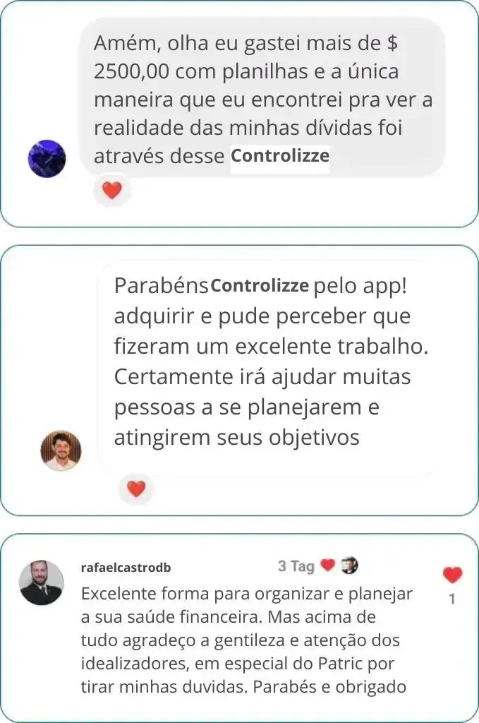 Depoimentos de clientes elogiando o Controlizze, incluindo rafaelcastrodb