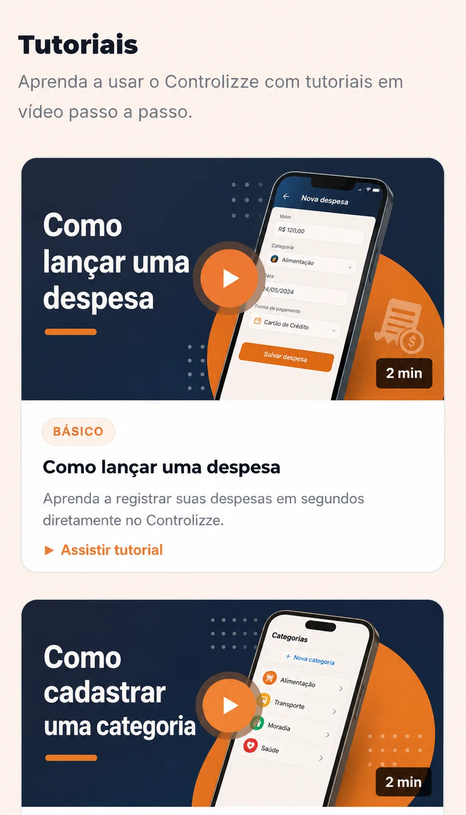 Card de tutorial do Controlizze: Como lançar uma despesa