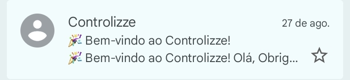 Notificação da caixa de entrada mostrando o e-mail de boas-vindas do Controlizze recebido