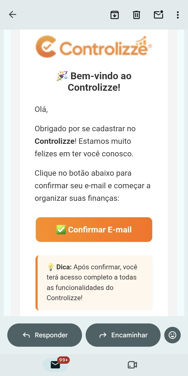 E-mail de boas-vindas do Controlizze com botão para confirmar o cadastro