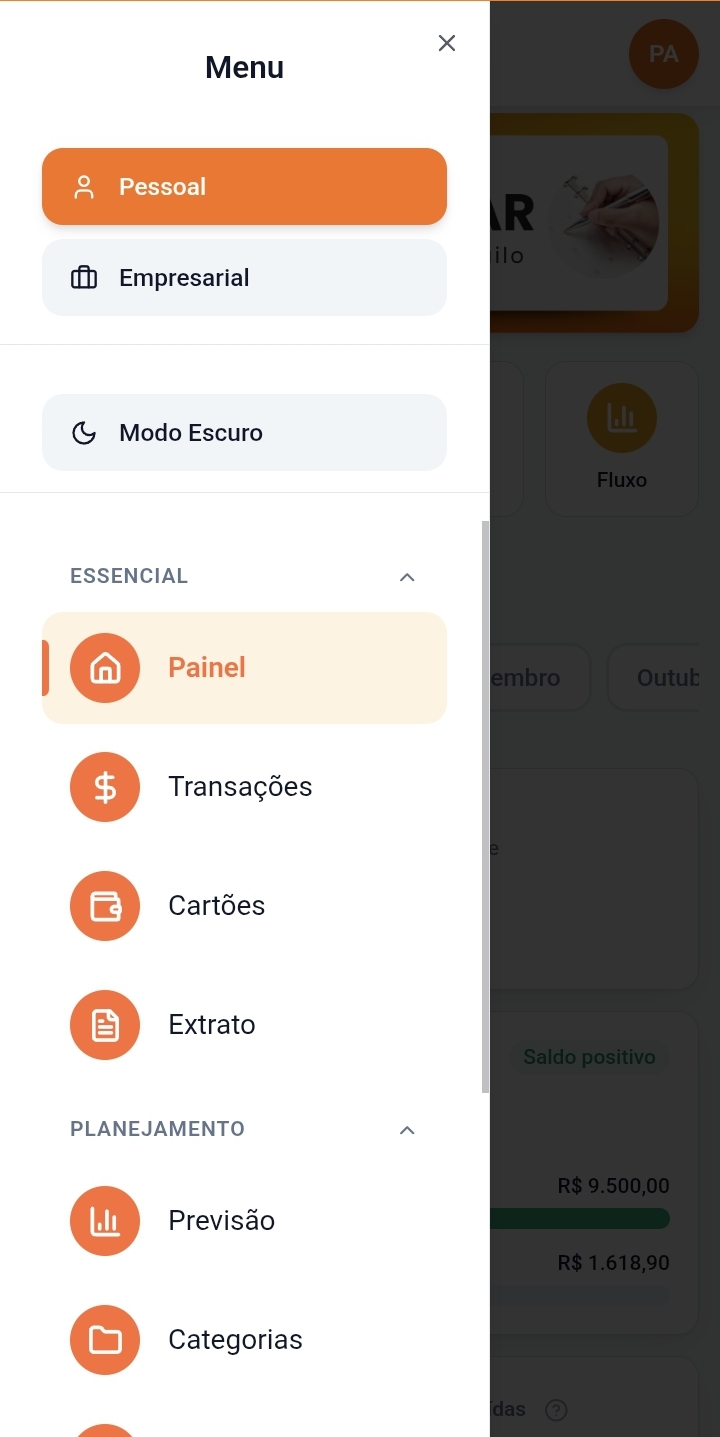 Menu lateral do Controlizze com acesso rápido a Painel, Transações, Cartões e mais