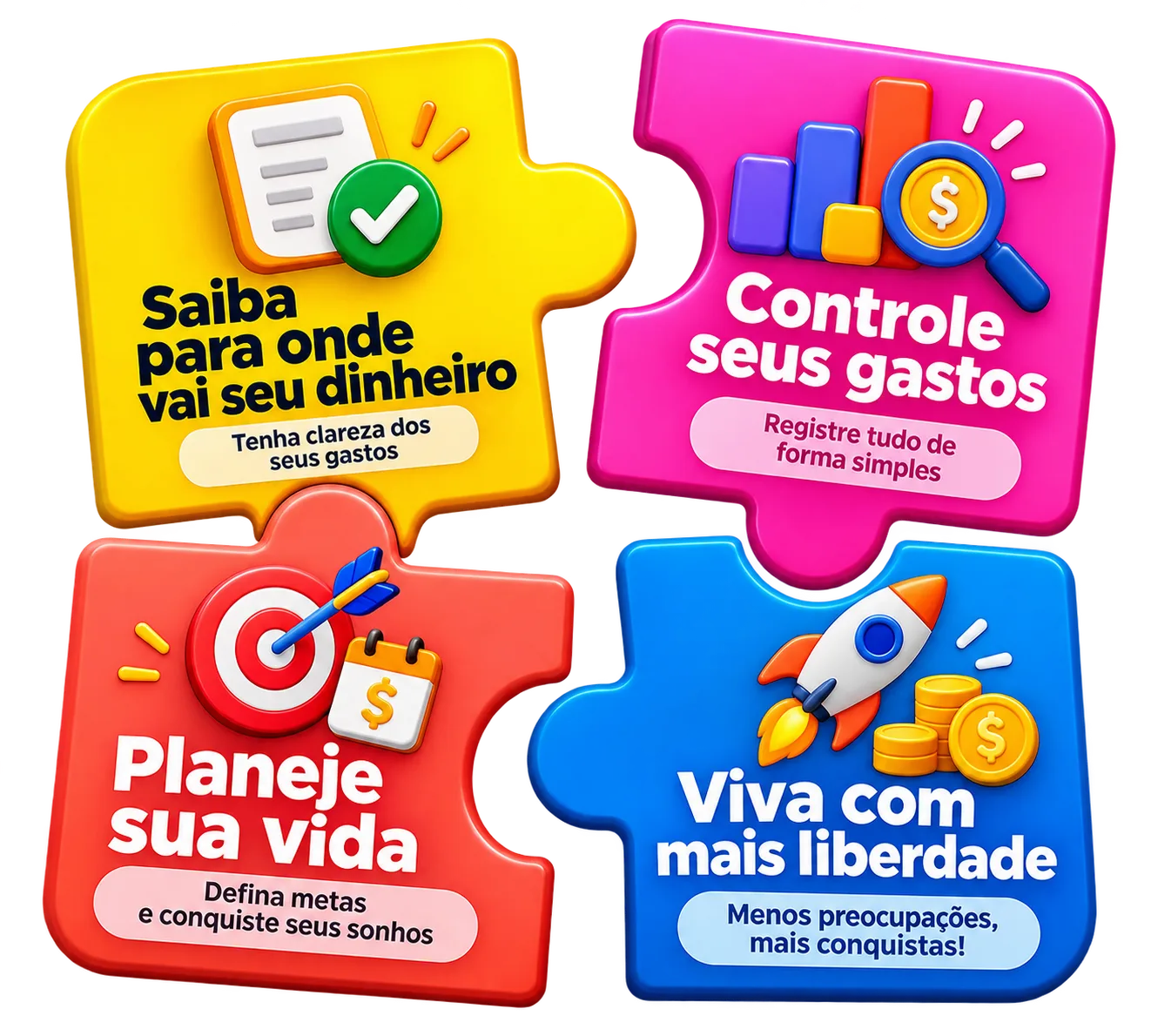 Quatro peças de quebra-cabeça: Saiba para onde vai seu dinheiro, Controle seus gastos, Planeje sua vida, Viva com mais liberdade
