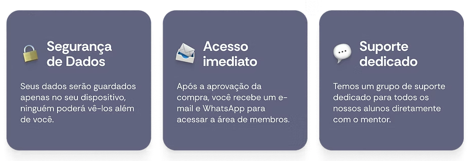 Segurança de Dados: seus dados ficam apenas no seu dispositivo. Acesso imediato: e-mail e WhatsApp após a aprovação da compra. Suporte dedicado: grupo de suporte para todos os alunos.