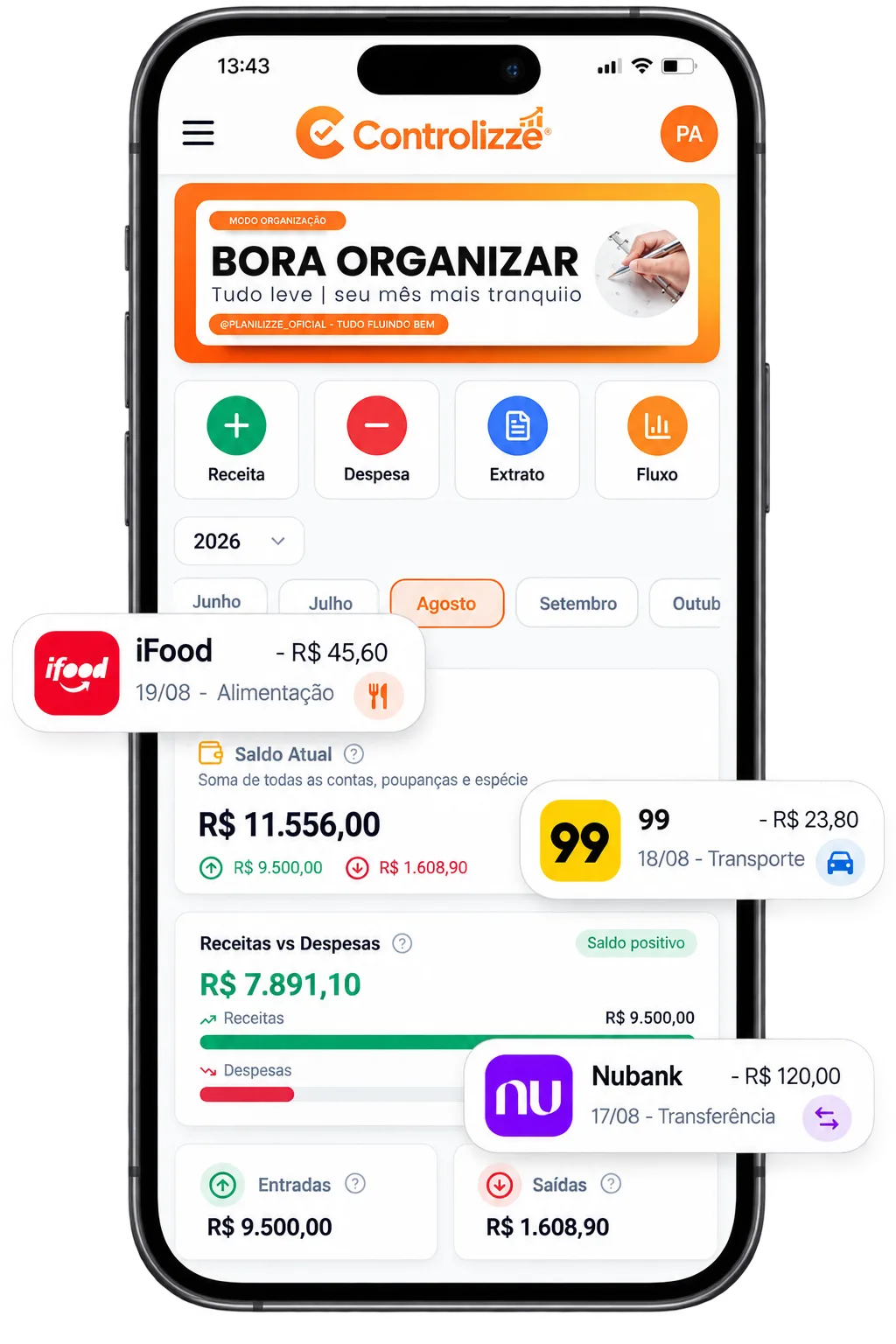 App Controlizze aberto mostrando saldo, receitas e despesas do mês
