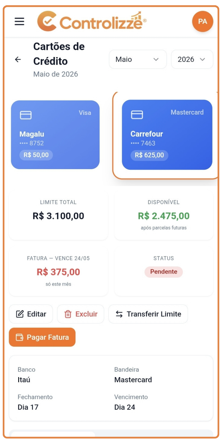Controle de cartão de crédito