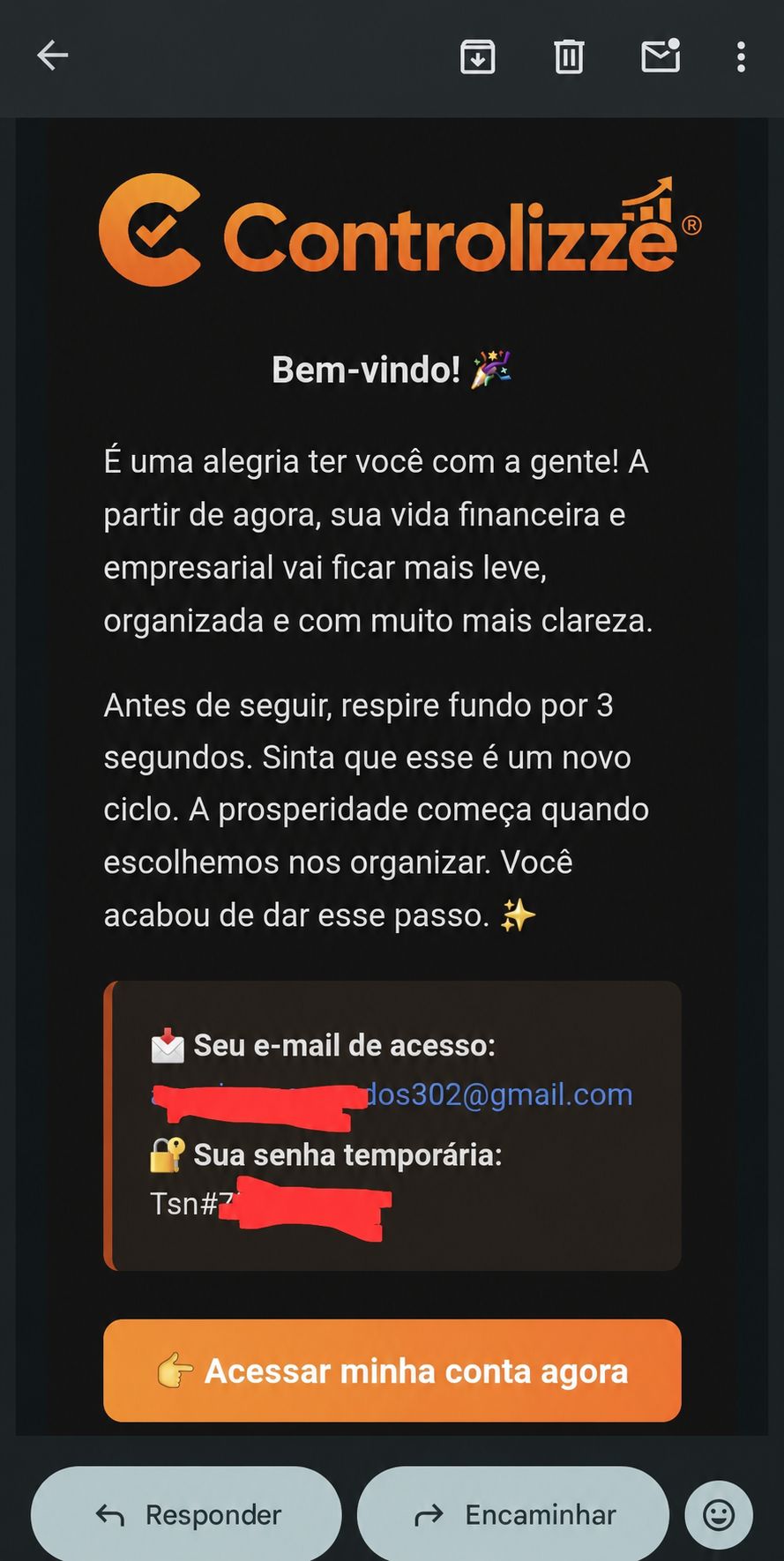 E-mail de acesso ao Controlizze